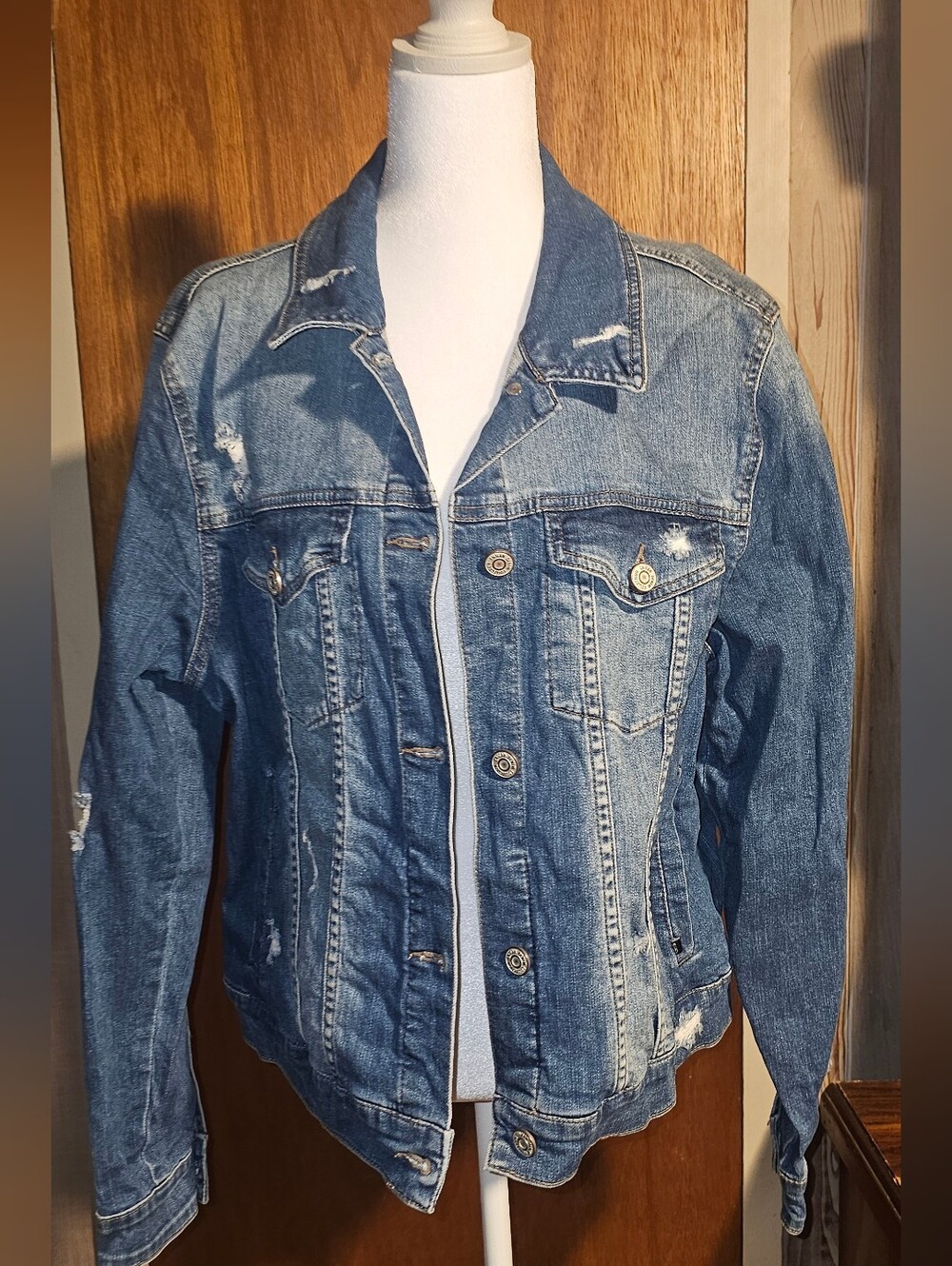 Enjean Classic Distressed Blue Denim Jean Jacket - Plus Size 2X